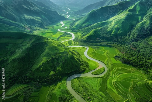 Aerial View of Lush Green Valley with River.
