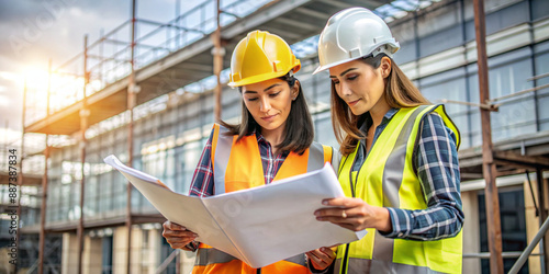 Female Engineers Review Plans: Two Women in Hard Hats and Safety Vests Examine Blueprints. Construction, Engineering, Teamwork Concept. Copy Space 