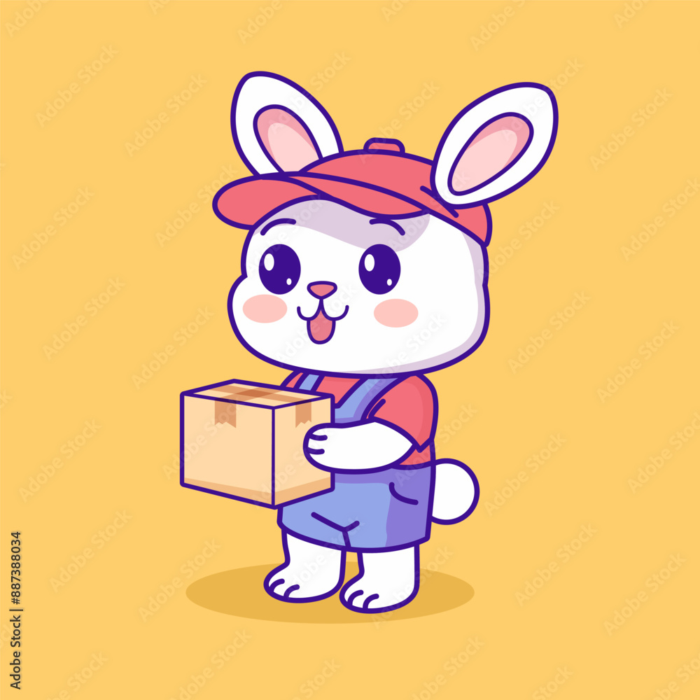 Obraz premium Cute rabbit courier carrying package cartoon vector illustration