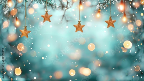 Glowing golden Christmas stars with bokeh lights on navy background. Festive and warm holiday design.