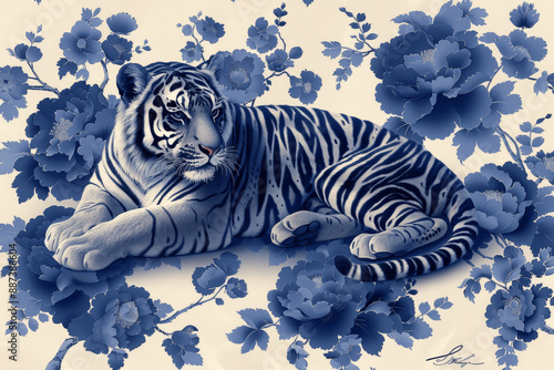 Blue and White Vintage Chinoiserie Pattern with Tigers Birds and Flowers photo