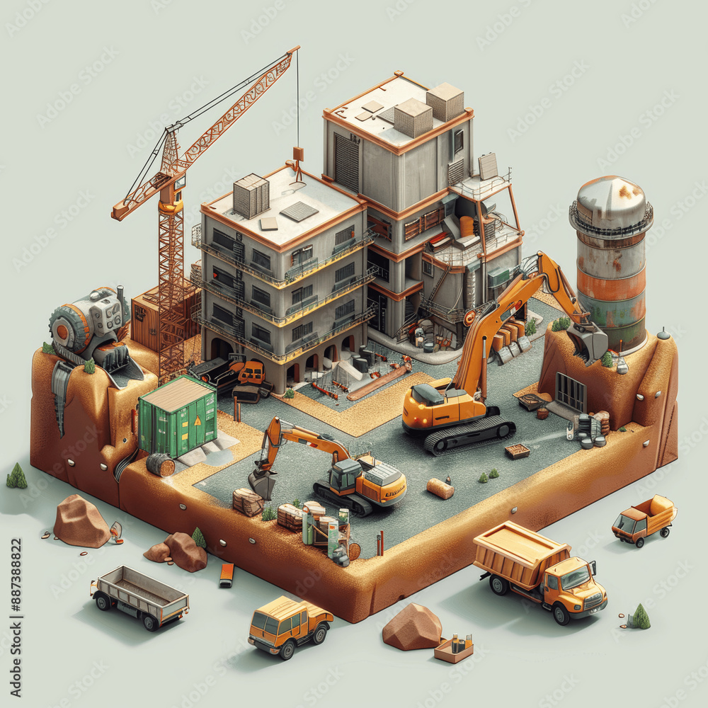 isometric illustration of an industrial building with cranes excavators trucks high detail 2d game art green color palette isometric illustration of an industrial building with cranes excavators trucks high detail 2d game art green color palette