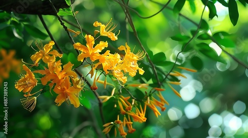 Lush branches of Peltophorum pterocarpum also known as the yellow flame tree adorned with bright yellow blossoms and dense green foliage This closeup showcases the vibrant golden flowe : Generative AI photo