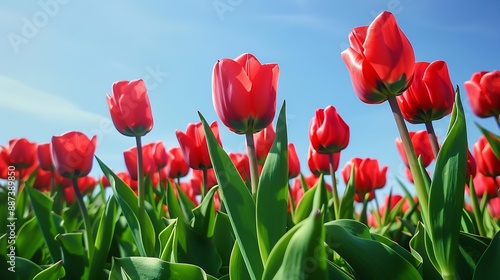 A vibrant field of red tulips in full bloom stretches towards the horizon under a clear blue sky The tulips have green leaves and some are completely open revealing their black centers : Generative AI © Generative AI