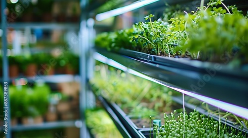 LED lamps shine on the shelves with pots of microgreens in the city Fresh plants automatic vertical farm growing in the city : Generative AI