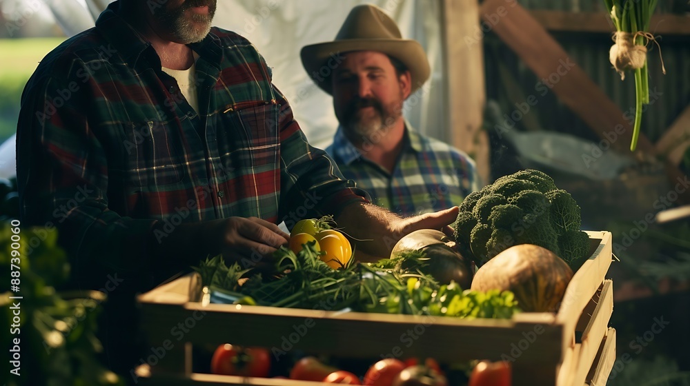 Fototapeta premium Two men talking while working on the farm holding wooden crates filled with fresh vegetables : Generative AI