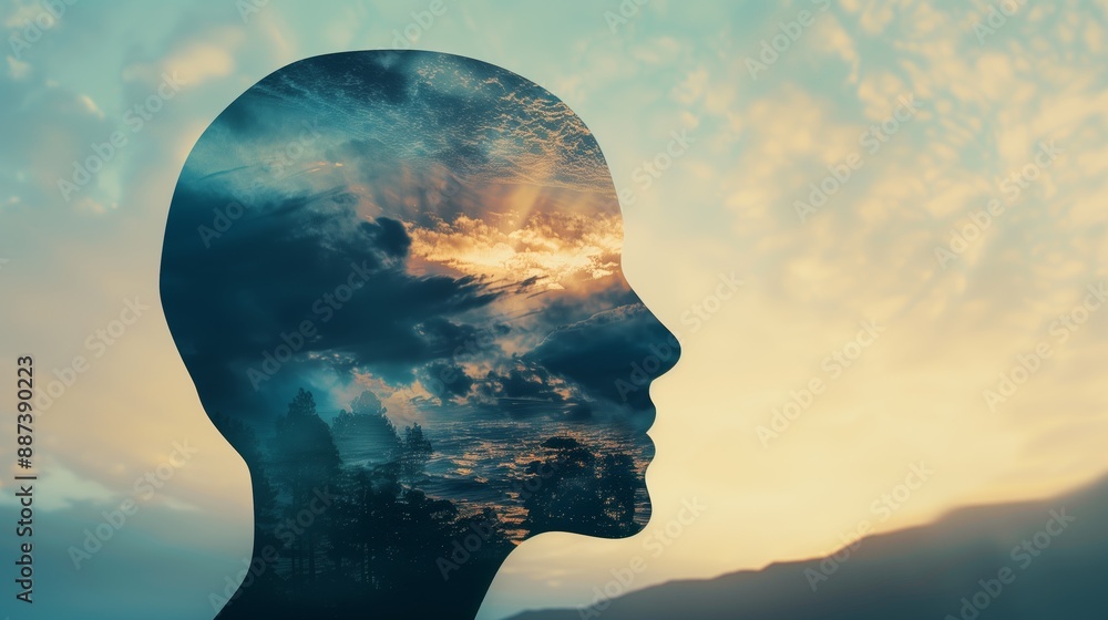 Double exposure silhouette of human head with a serene natural landscape, depicting a peaceful and introspective mood. Double exposure silhouette of human head with a serene natural landscape, depicting a peaceful and introspective mood.