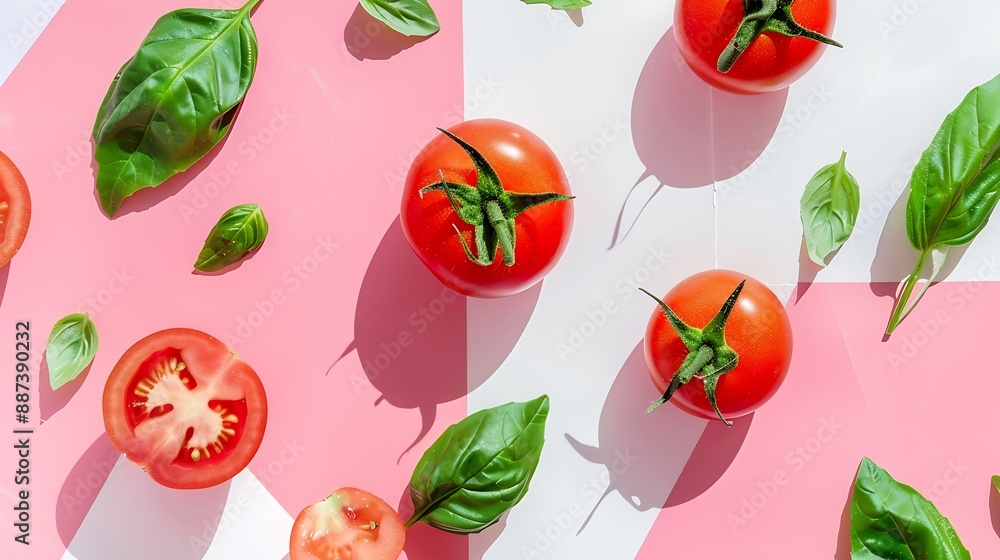 Creative layout made of tomato and leaves on pink and white background Flat lay Food concept : Generative AI Creative layout made of tomato and leaves on pink and white background Flat lay Food concept : Generative AI