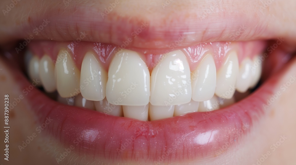 Fototapeta premium Detailed close-up of a smiling mouth showing pristine white, straight teeth and healthy pink gums.