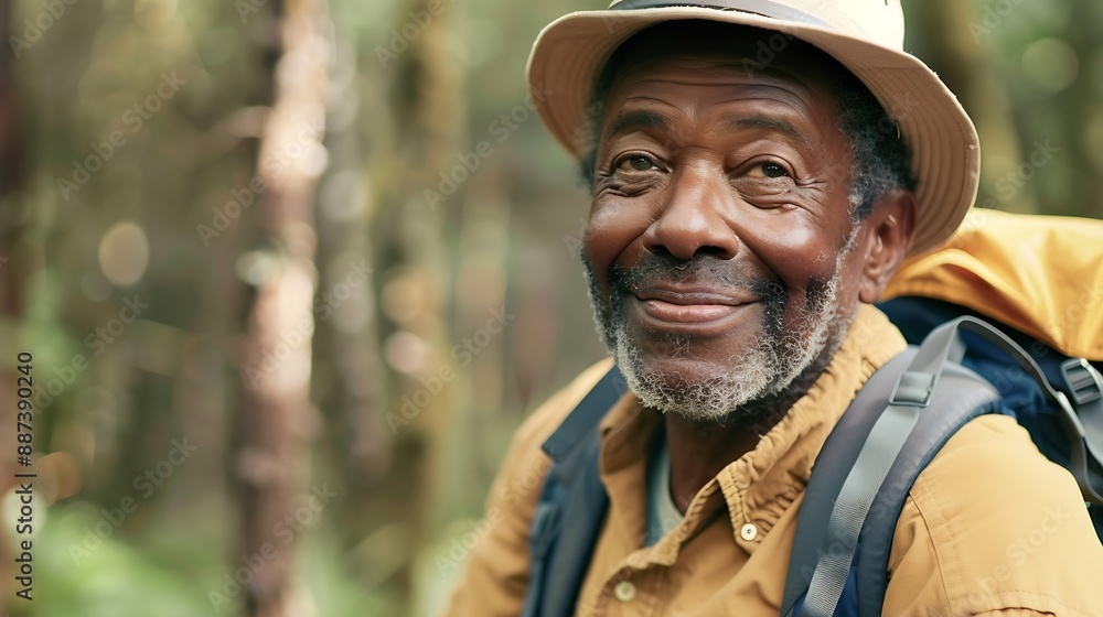 Portrait black man and hiking in forest exercise and fitness for wellness healthy lifestyle and smile Face senior male and mature gentleman with backpack smile and hiker in woods and f : Generative AI Portrait black man and hiking in forest exercise and fitness for wellness healthy lifestyle and smile Face senior male and mature gentleman with backpack smile and hiker in woods and f : Generative AI