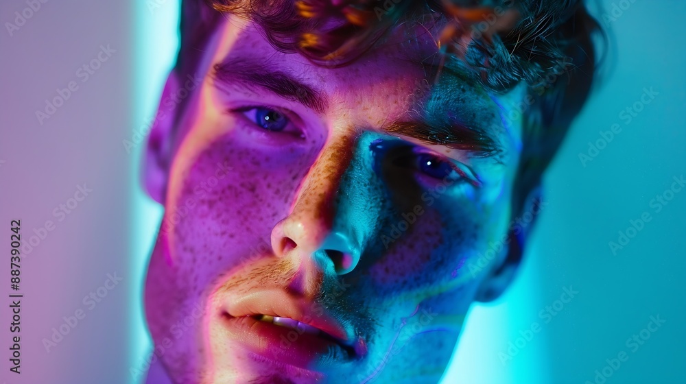 Modern photoshoot Handsome man with freckles stands against background with projector reflection in neon light and filter Concept of beauty selfexpression emotions fashion and style Ad : Generative AI Modern photoshoot Handsome man with freckles stands against background with projector reflection in neon light and filter Concept of beauty selfexpression emotions fashion and style Ad : Generative AI
