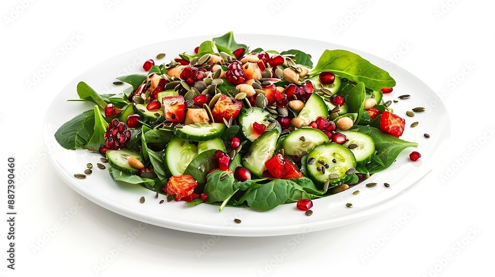 Vegetarian lowcalorie salad of green vegetables fruits and seeds on a white plate Banquet festive dishes Gourmet restaurant menu White background : Generative AI Vegetarian lowcalorie salad of green vegetables fruits and seeds on a white plate Banquet festive dishes Gourmet restaurant menu White background : Generative AI