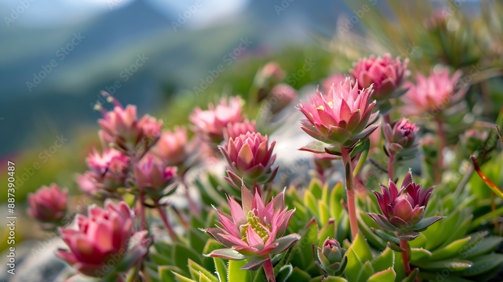 Closeup of beautiful pink flowers Sempervivum montanum or Houseleeks growing in the mountain meadow Summer landscape with Mont Blanc massif Monte Bianco at the background Aosta Valley  : Generative AI