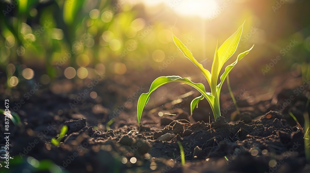 Maize seedling in cultivated agricultural field with graphic concepts modern agricultural technology digital farm smart farming innovation improvements and development : Generative AI Maize seedling in cultivated agricultural field with graphic concepts modern agricultural technology digital farm smart farming innovation improvements and development : Generative AI