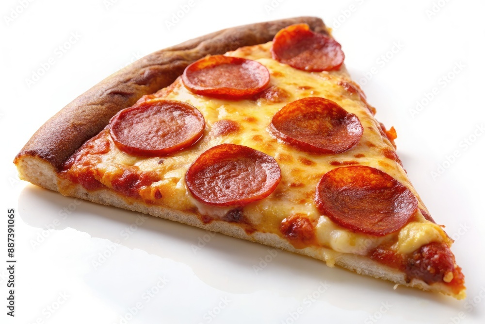 Freshly baked pepperoni pizza slice with a generous helping of melted cheese stretching invitingly on a crisp white background, appealing to the senses. Freshly baked pepperoni pizza slice with a generous helping of melted cheese stretching invitingly on a crisp white background, appealing to the senses.