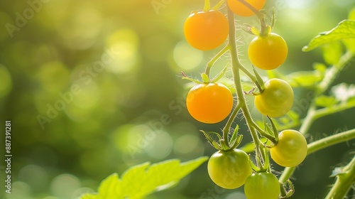 ripe and unripe yellow tomatoes on the branch in organic greenery on a blurred background : Generative AI photo