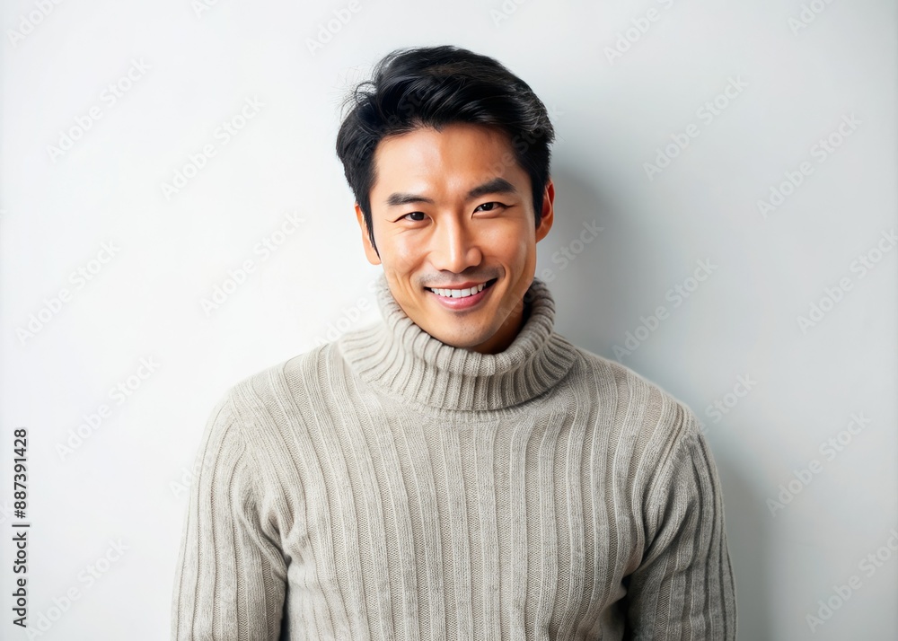 Obraz premium Smiling Vietnamese male model in his 30s dons a warm sweater against a clean white backdrop, exuding warmth and contentment in a cozy atmosphere.