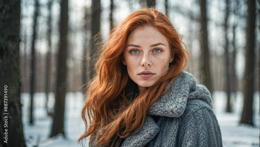 Ethereal Swedish Redhead Beauty: Winter Forest Scandinavian woman Portrait with Piercing Eyes Ethereal Swedish Redhead Beauty: Winter Forest Scandinavian woman Portrait with Piercing Eyes