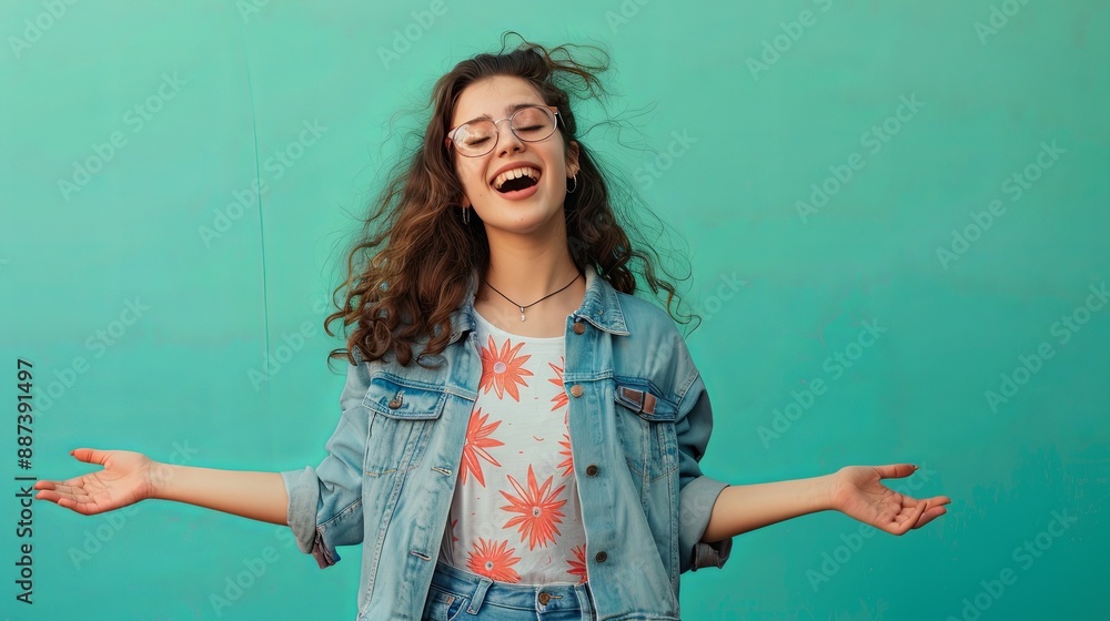Young woman with cheerful gesture on green background Young woman with cheerful gesture on green background