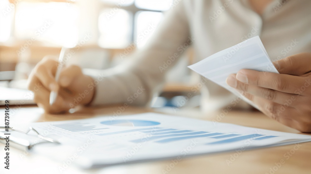 Advisor holding a financial report and discussing growth strategies with a client, with focus on the documents and hands, and clear copy space. Advisor holding a financial report and discussing growth strategies with a client, with focus on the documents and hands, and clear copy space.