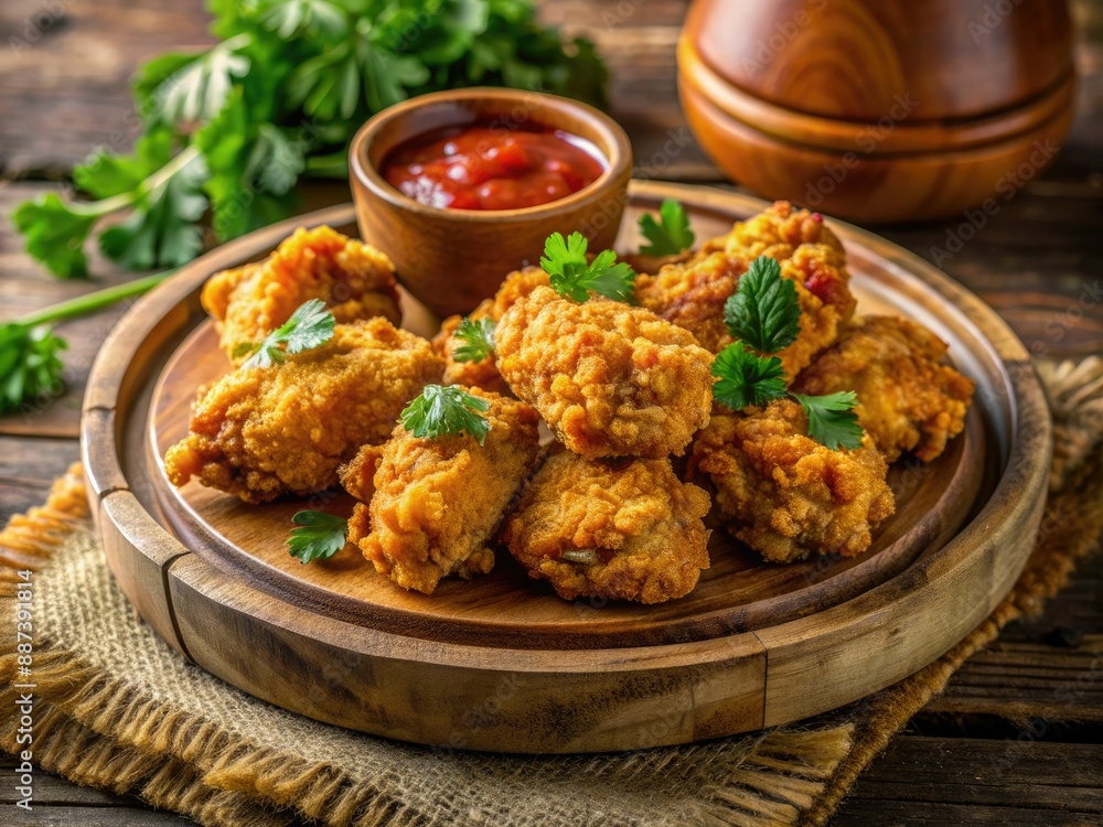 Golden-brown crispy fried chicken pieces garnished with fresh parsley and served on a vintage wooden plate with a side of spicy dipping sauce. Golden-brown crispy fried chicken pieces garnished with fresh parsley and served on a vintage wooden plate with a side of spicy dipping sauce.