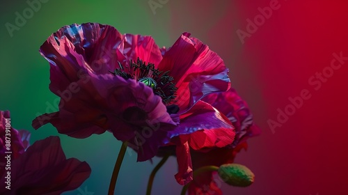 Closeup of a purple double poppy flower with vibrant red and green background : Generative AI