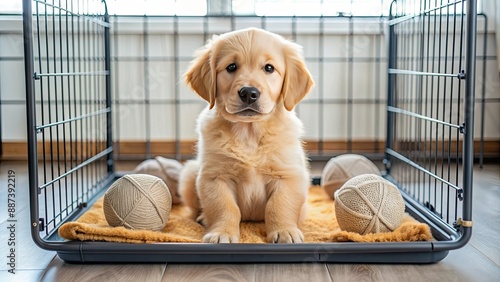 Adorable golden retriever puppy sits calmly in crate on absorbent pad, learning essential skills in comfy, safe environment, with soft toys for companionship. photo