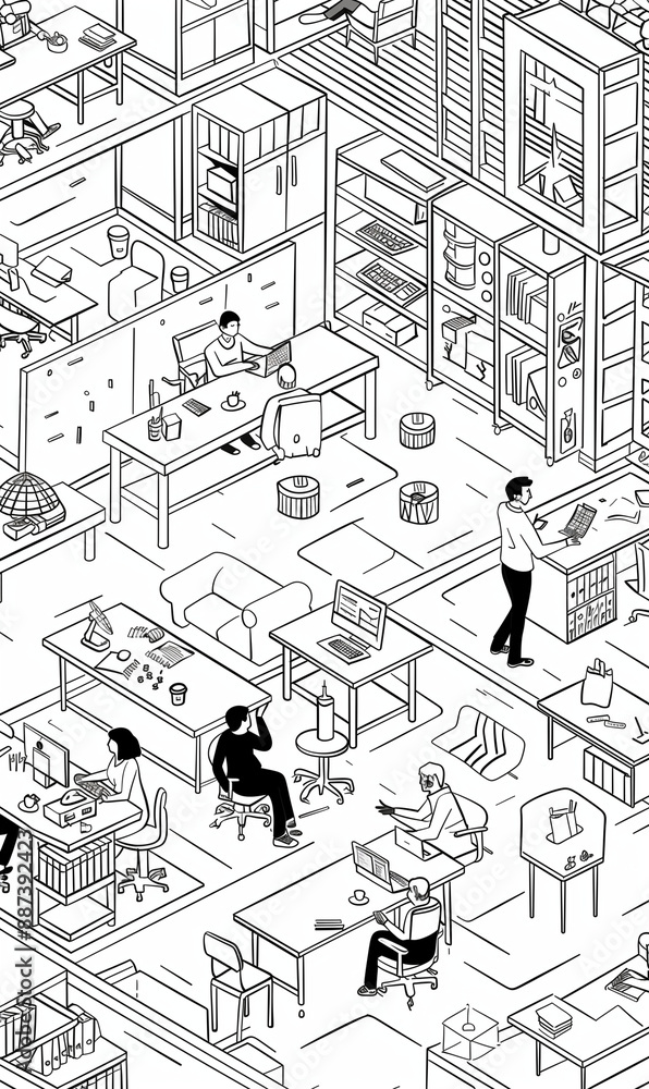 Sketch of busy office workers, hinting at the architectural plans and construction required to bring a building design to life Sketch of busy office workers, hinting at the architectural plans and construction required to bring a building design to life