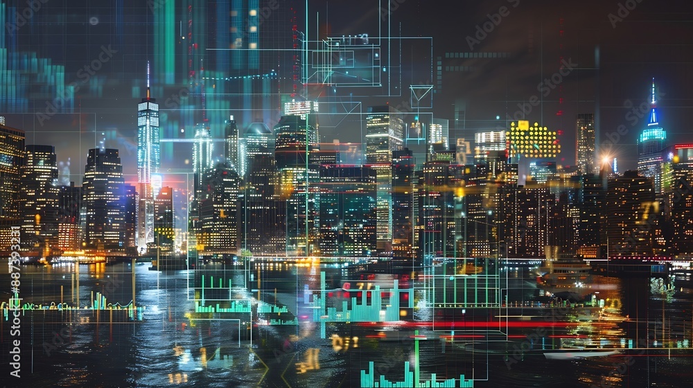 New York City skyline with vibrant holographic graphs and charts overlay Double exposure concept of future technology and business in an urban cityscape at night Double exposure : Generative AI New York City skyline with vibrant holographic graphs and charts overlay Double exposure concept of future technology and business in an urban cityscape at night Double exposure : Generative AI