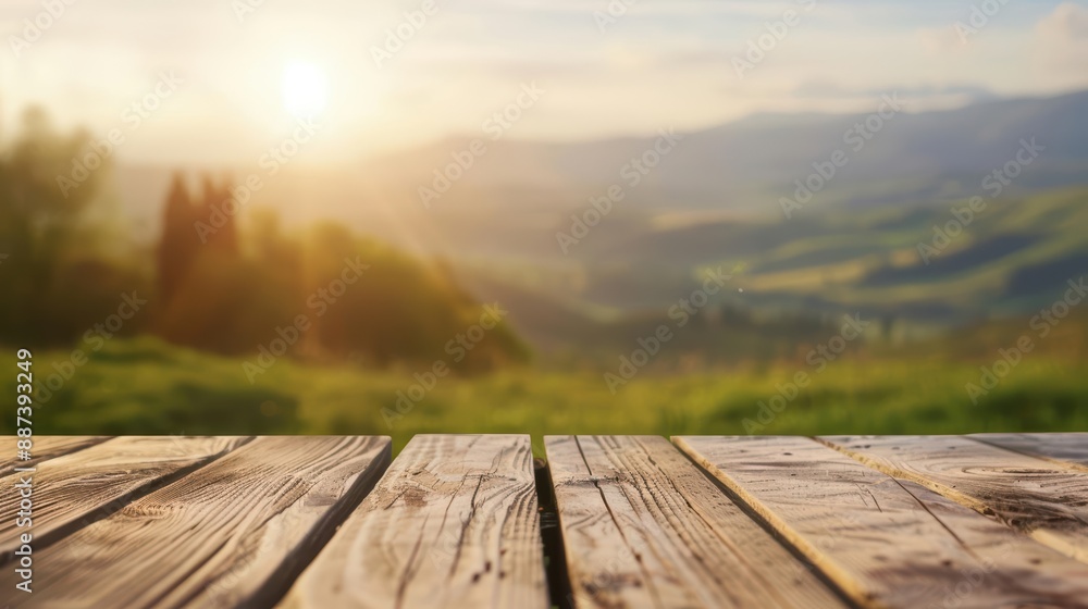 Charming wooden top table with a picturesque view of rolling hills in the background, ideal for promoting outdoor leisure, serene retreats, and natural beauty Charming wooden top table with a picturesque view of rolling hills in the background, ideal for promoting outdoor leisure, serene retreats, and natural beauty