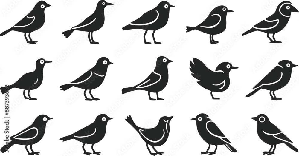 Various Flying birds vector set icons silhouettes style with white background Various Flying birds vector set icons silhouettes style with white background