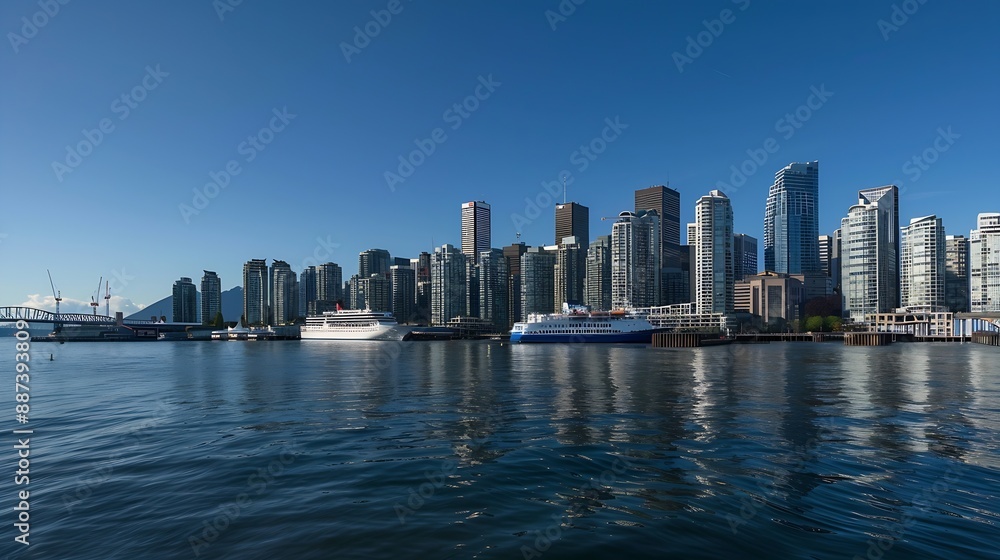 Fototapeta premium Vancouver British Columbia Canada Panoramic View of Downtown City Skyline Coal Harbour Cruise Ship and Port during a sunny day : Generative AI