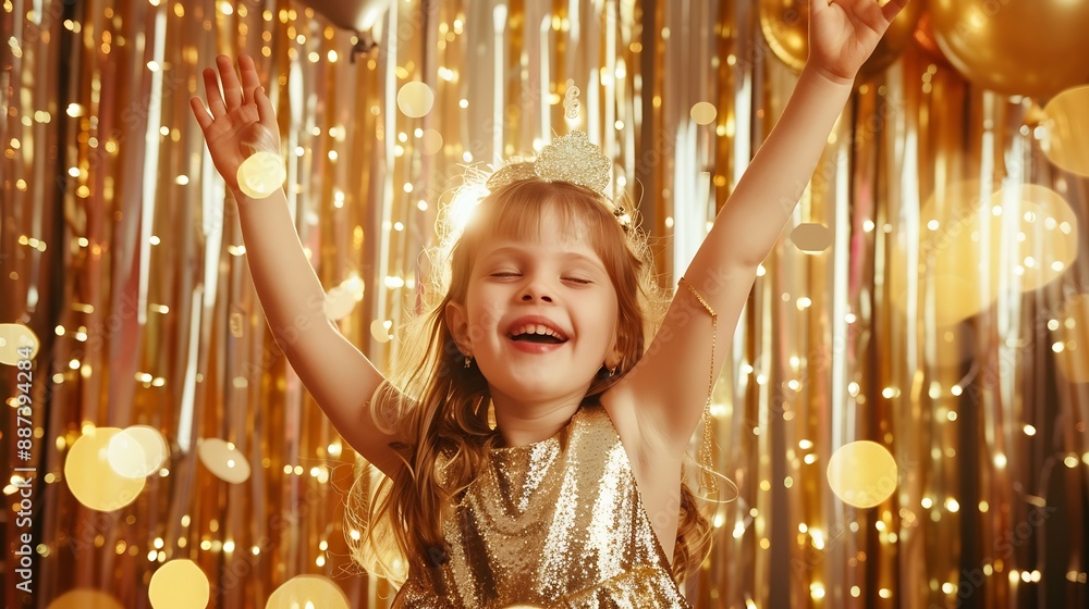 Happy little stylish girl in shiny dress having fun Festive background with foil curtain decorations for kids birthday or fancy dress party disco music or New Year Celebration and Holi : Generative AI