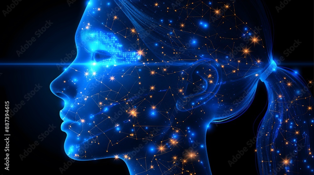 A digital presentation featuring close-up outlines of a woman and man's faces against a technology-themed background, ideal for PowerPoint and product presentations.