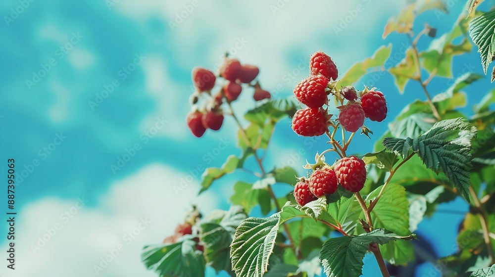 Fototapeta premium Juicy raspberries on a green bush against a blue sky : Generative AI