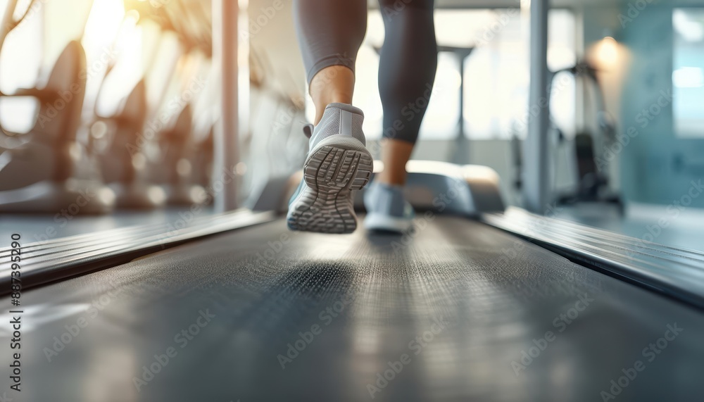 Closeup of legs in athletic shoes running on a treadmill, highlighting the dynamic movement and energy of a workout session, ideal for promoting health, fitness, and gym equipment Closeup of legs in athletic shoes running on a treadmill, highlighting the dynamic movement and energy of a workout session, ideal for promoting health, fitness, and gym equipment
