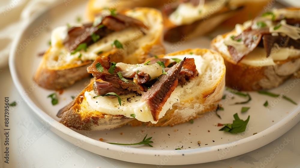 Bread with smoked beef and mozarella cheese on a plate for fast food breakfast or coffee break : Generative AI Bread with smoked beef and mozarella cheese on a plate for fast food breakfast or coffee break : Generative AI