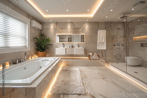 A contemporary bathroom with white tub, recessed lighting, marble floor, large window, plant in basket, mirror, walk-in shower, and separate toilet photo