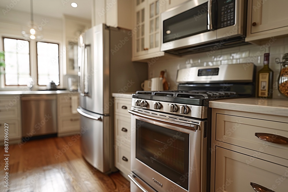 Fototapeta premium A modern kitchen features stainless steel appliances, including a microwave, oven, and refrigerator, in a well-lit room with hardwood floors