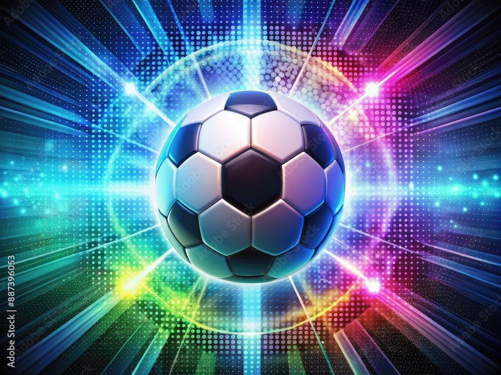 Fototapeta premium Vibrant digital pixels erupt around a sleek soccer ball, radiating energy and movement, perfect for dynamic sports blog headers and modern technology themes.