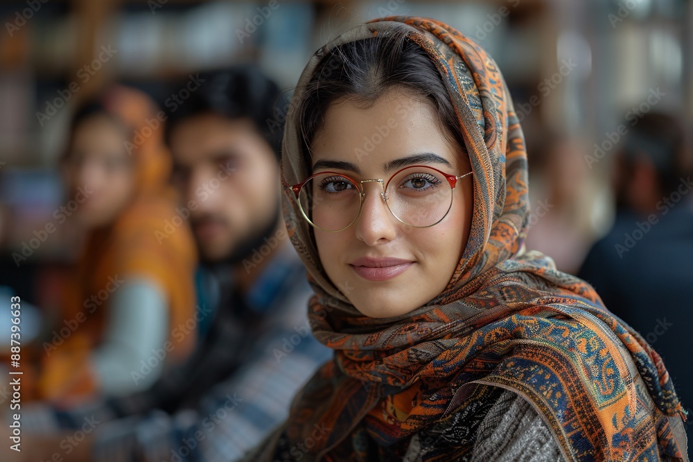 A young woman wearing a hijab and glasses looks at the camera with a slight smile. She is standing in front of a blurred background of other people A young woman wearing a hijab and glasses looks at the camera with a slight smile. She is standing in front of a blurred background of other people