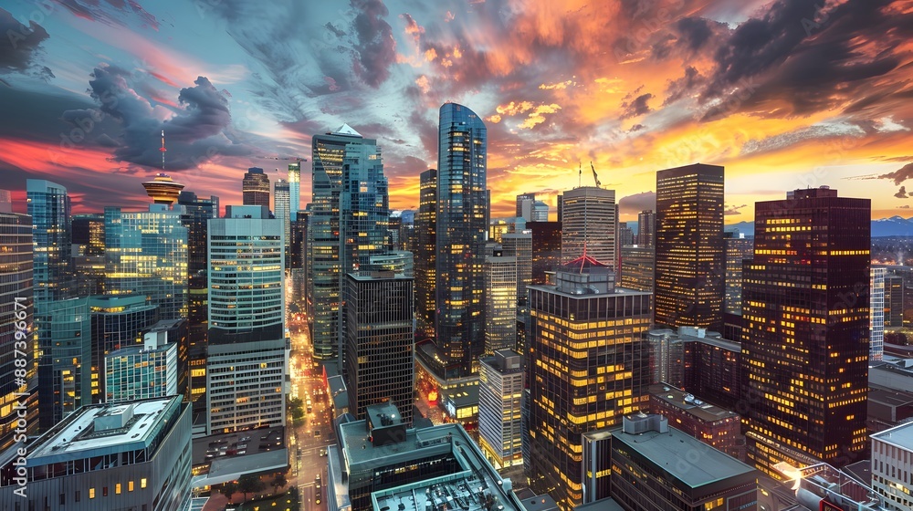 Obraz premium Urban Landscapes A bustling city skyline at dusk with sunset 