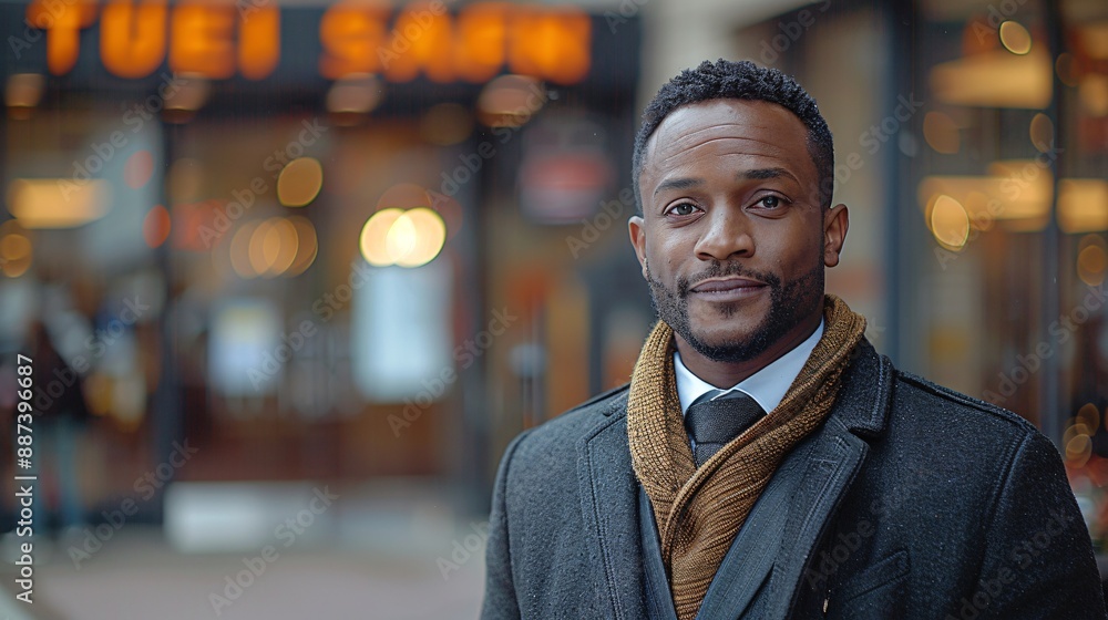 A man wearing a suit and a brown scarf stands outside a cafe, looking directly at the camera A man wearing a suit and a brown scarf stands outside a cafe, looking directly at the camera