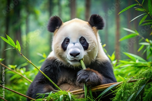 A serene giant panda sits in a lush green forest, peacefully munching on a stalk of fresh bamboo, its fuzzy fur and gentle gaze captivating.