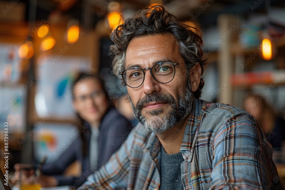 A man with grey hair and glasses smiles in a cafe, sitting at a table with other people in the background A man with grey hair and glasses smiles in a cafe, sitting at a table with other people in the background