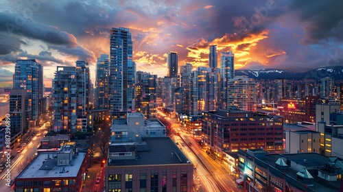 Urban Landscapes A bustling city skyline at dusk with sunset 