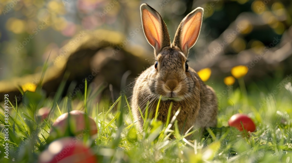 Fototapeta premium Easter bunny and Easter eggs on green grass field spring meadow