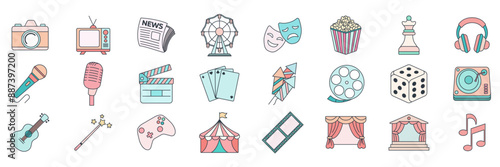 Entertainment icons set, Included icons as Camera, Amusement Park, Clapperboard, Guitar and more symbols collection, logo isolated vector illustration