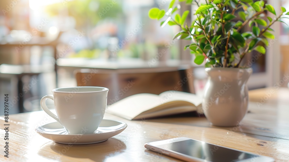 White coffee cup on wooden table and note book smart phone with ceramic vase and small tree coffee break after work in cafe with reading book and interior decoration of cafe in the bac : Generative AI White coffee cup on wooden table and note book smart phone with ceramic vase and small tree coffee break after work in cafe with reading book and interior decoration of cafe in the bac : Generative AI