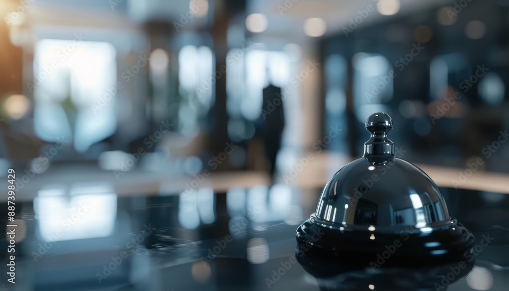 Guest using a service bell on a concierge desk, modern hotel lobby with stylish decor, high resolution, attentive and efficient, detailed and inviting scene Guest using a service bell on a concierge desk, modern hotel lobby with stylish decor, high resolution, attentive and efficient, detailed and inviting scene
